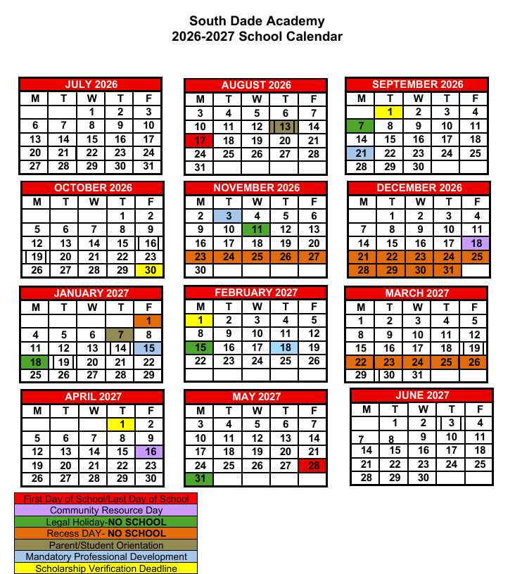 South Dade Academy 2026-2027 School Calendar