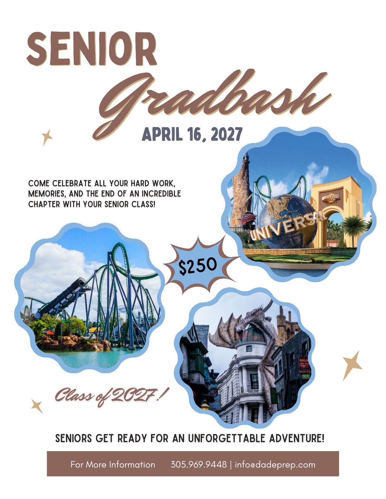 Senior GradBash flyer — April 16, 2027, Universal Orlando, $250